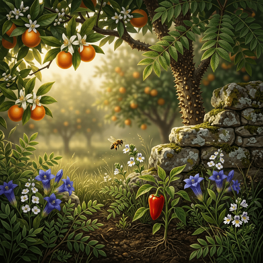 GO-W botanicals at a sheltered citrus-garden edge