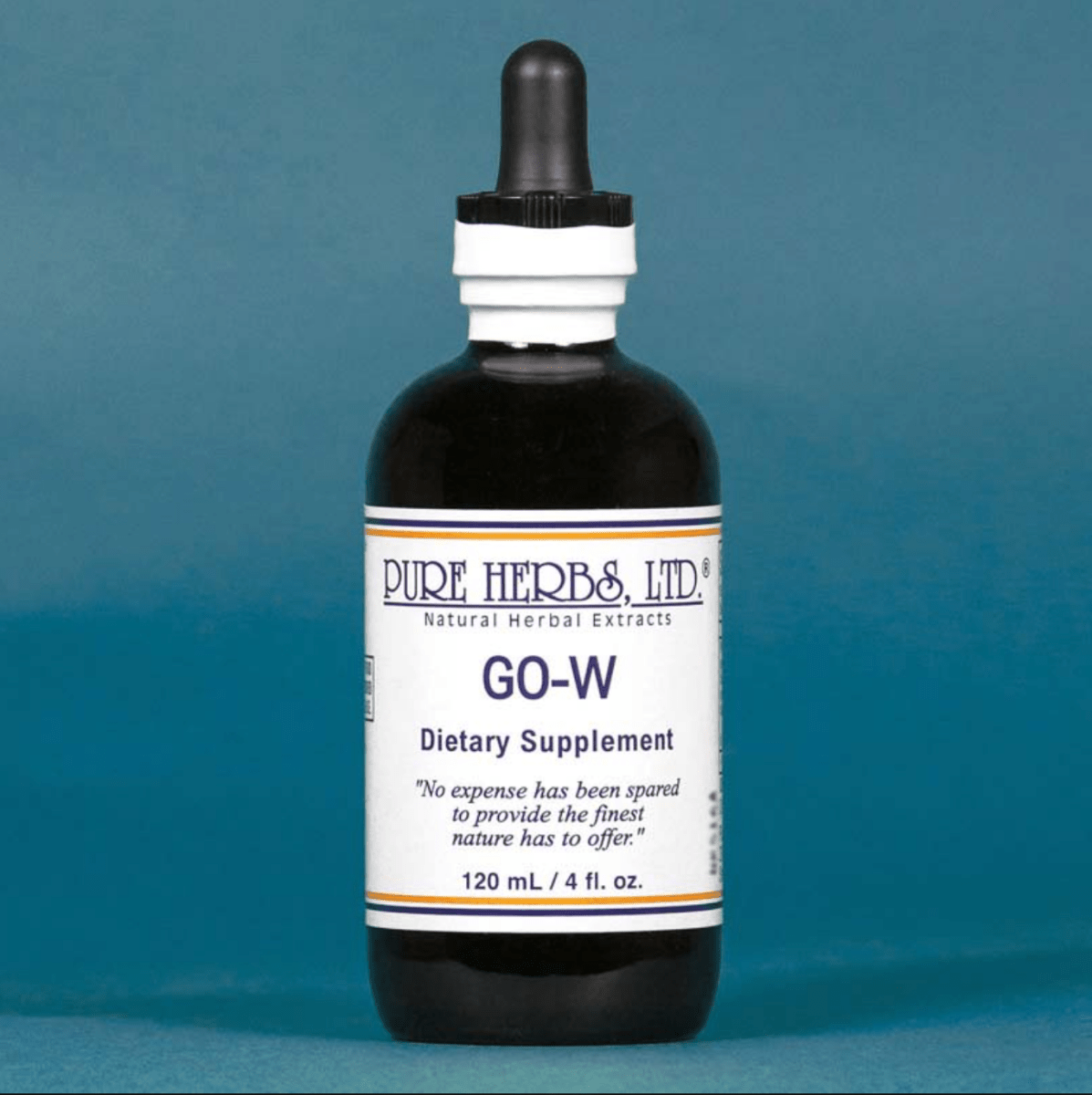 A dark amber glass dropper bottle of Pure Herbs Ltd. GO-W dietary supplement, featuring a white label with blue text and orange accents, set against a solid blue background.
