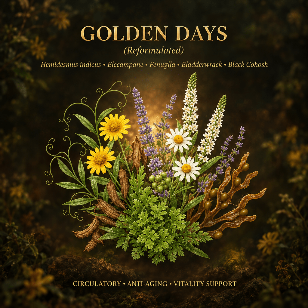 Golden Days botanical editorial image with gold serif text
