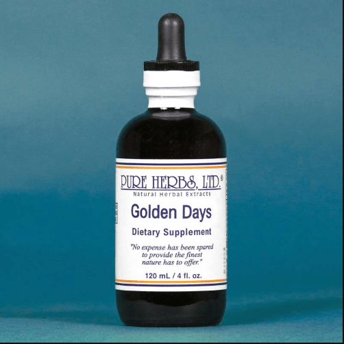 A 120 mL bottle of Pure Herbs Ltd. Golden Days dietary supplement, featuring a dark amber glass bottle, white label, and black dropper cap, set against a solid teal-blue background.