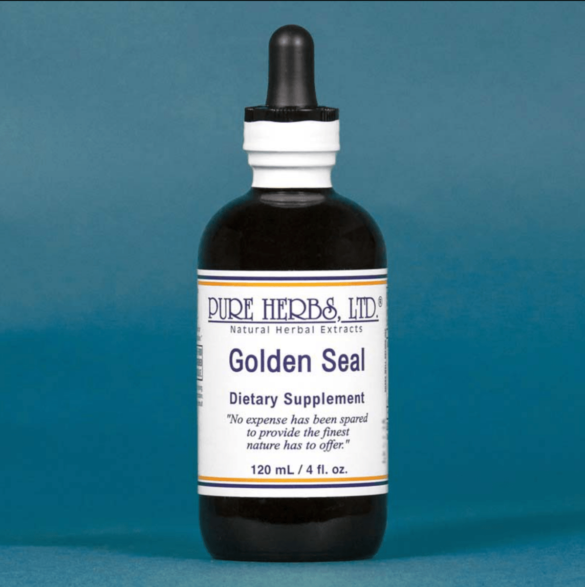 A bottle of Pure Herbs Ltd. Golden Seal dietary supplement, featuring a dark amber glass bottle with a white label and a black dropper cap, set against a solid blue background.