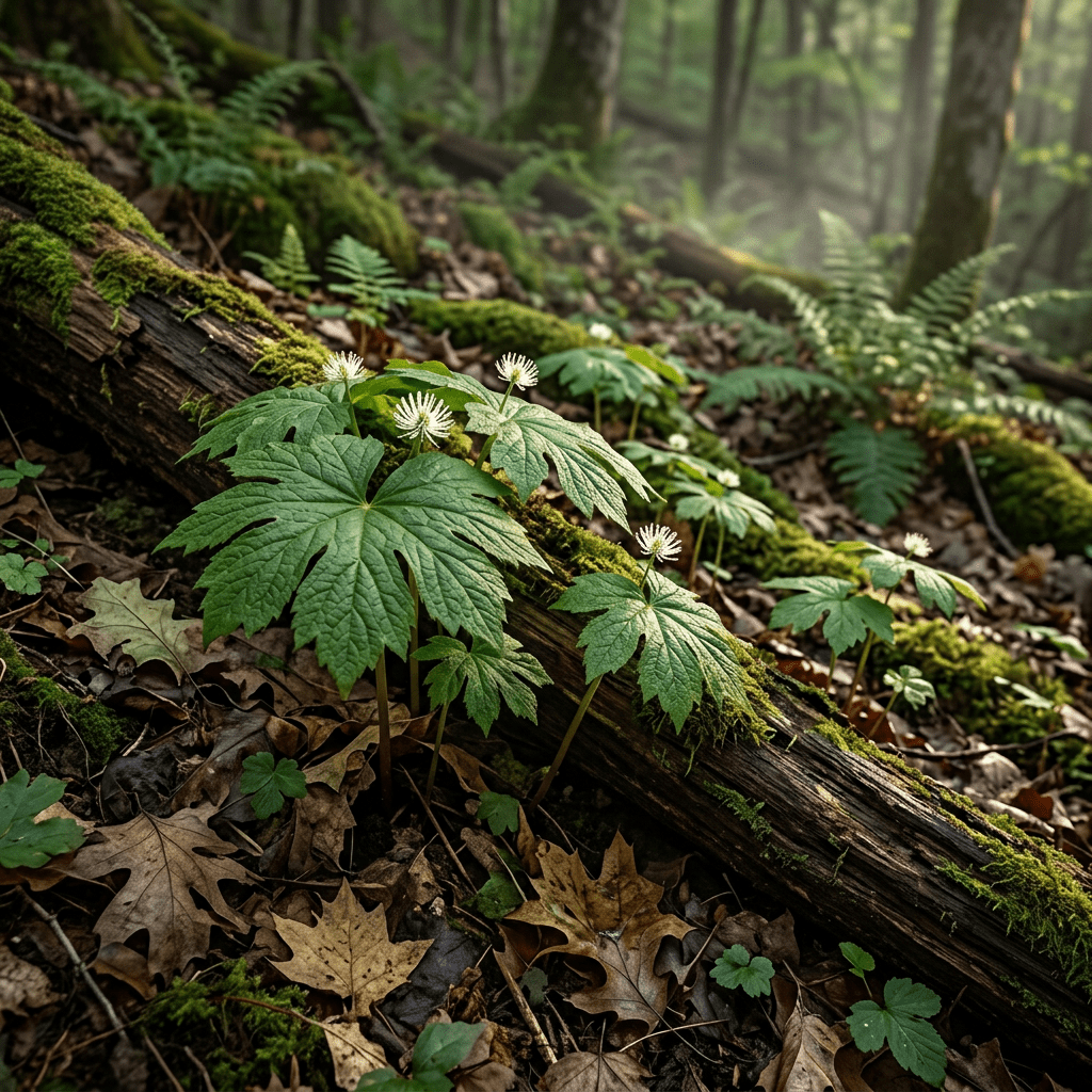Goldenseal growing on a shaded woodland slope