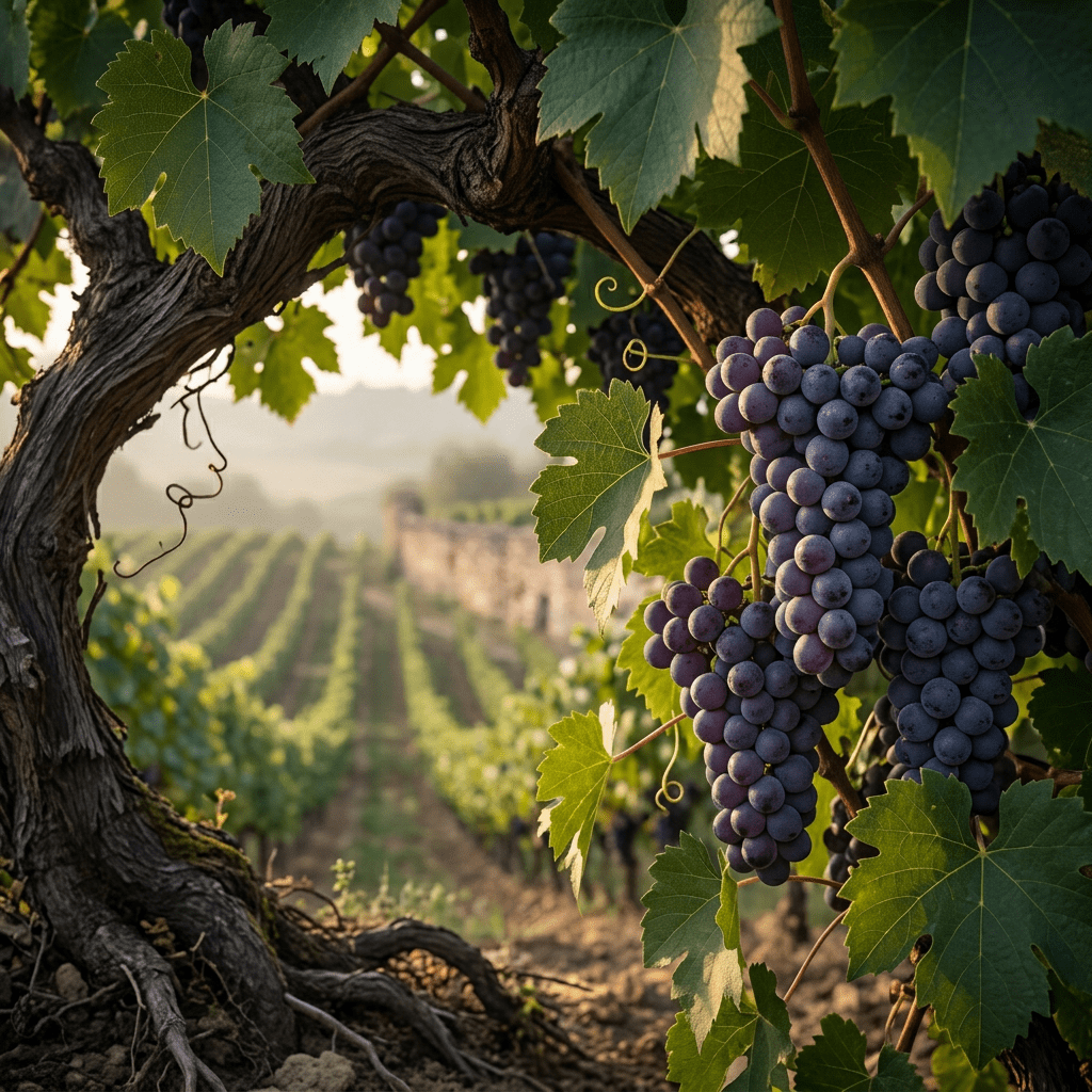 Purple grapes beneath a golden-lit vineyard canopy