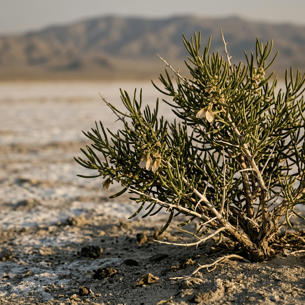 Greasewood growing beside a desert salt flat