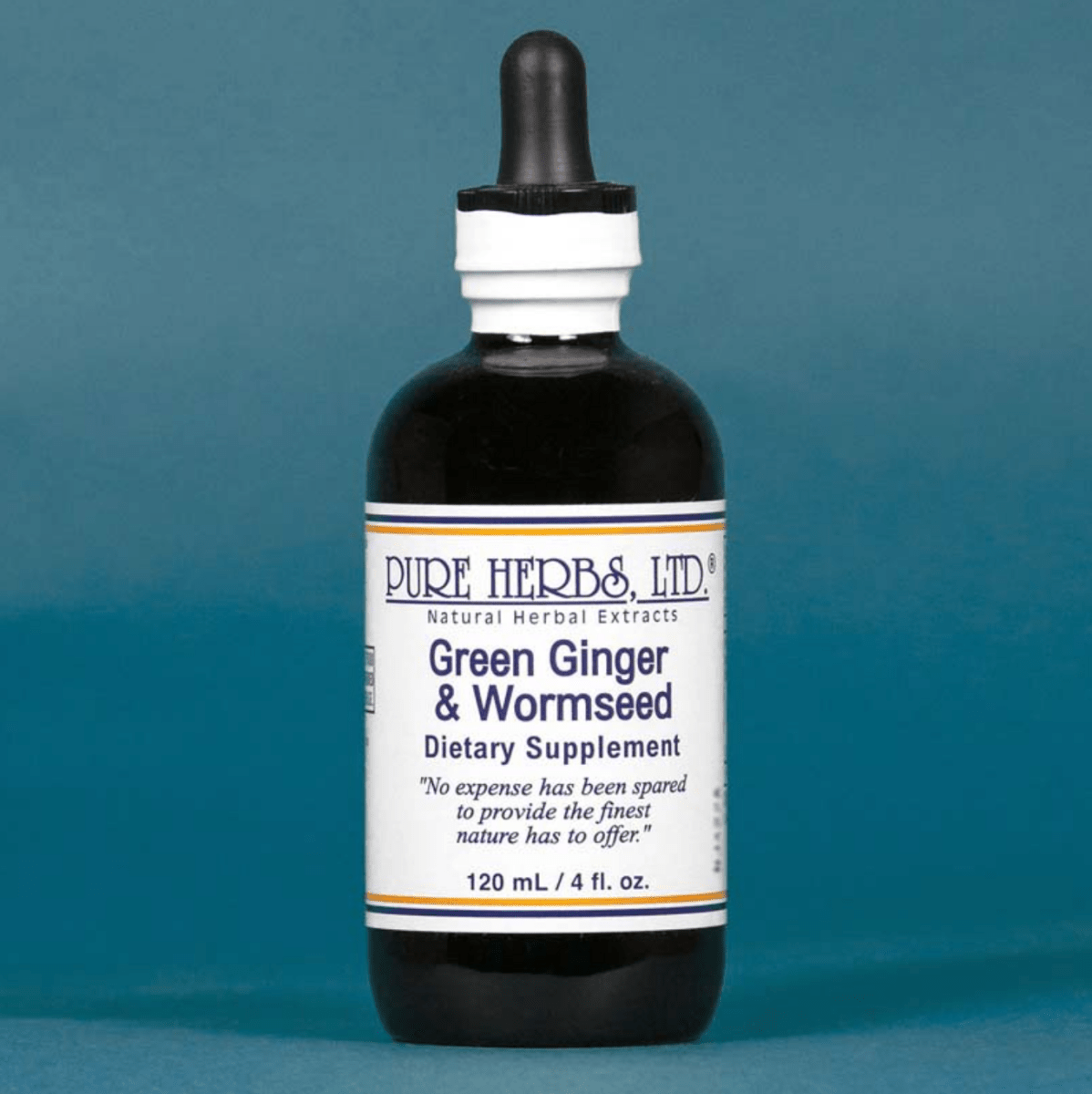 A bottle of Pure Herbs Ltd. Green Ginger & Wormseed dietary supplement, featuring a dark amber glass bottle with a black dropper cap and a white label, set against a solid blue background.