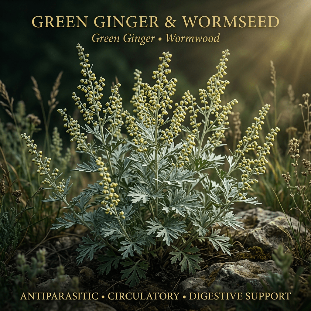 Green Ginger and Wormseed editorial image in golden botanical light