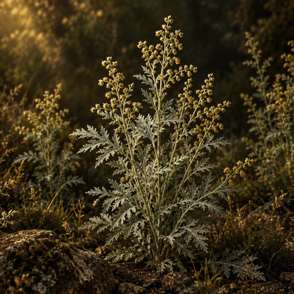 Wormwood with finely divided silver-green leaves and small yellow flowers growing naturally among stones and grasses in a moody, amber-lit setting.