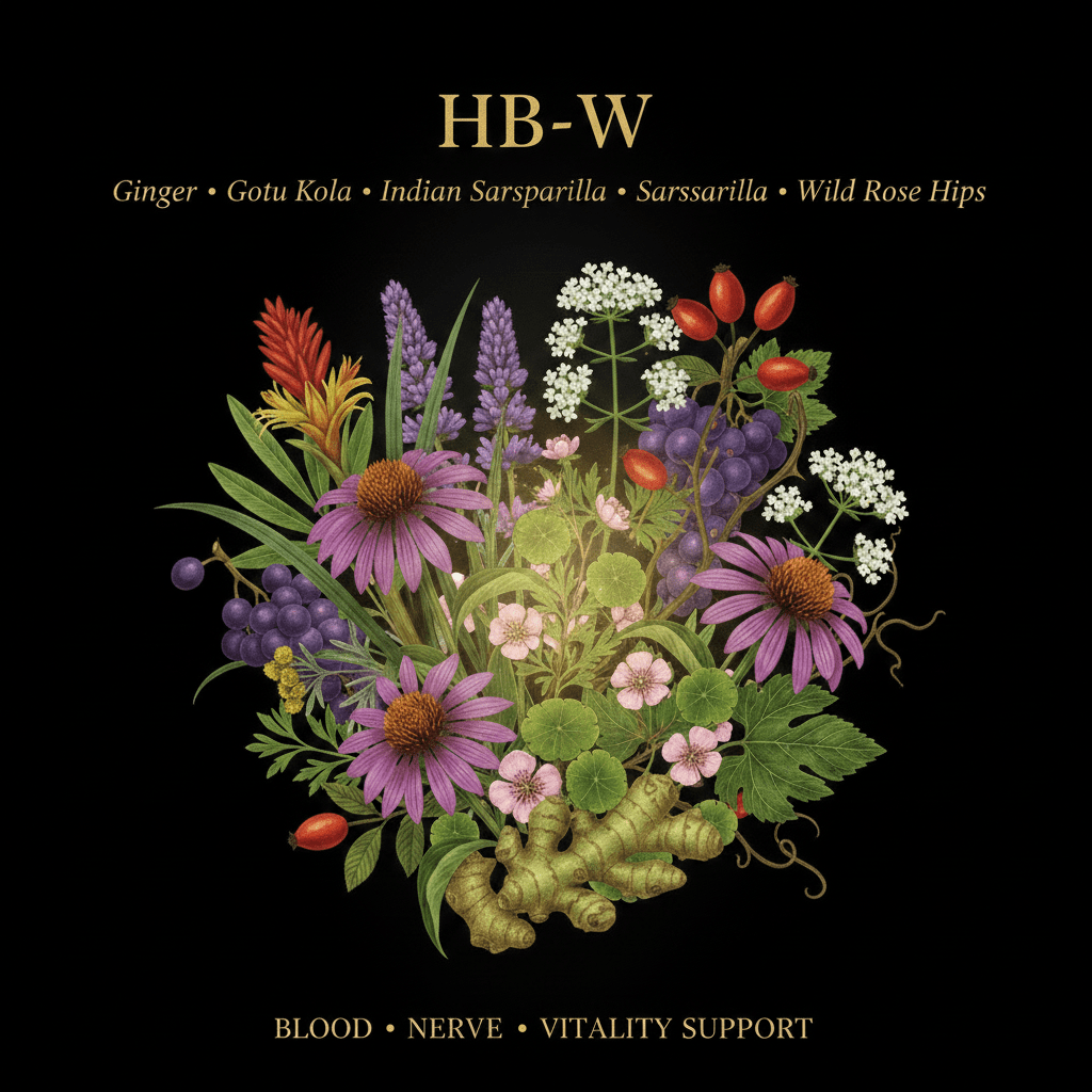 HB-W – Blood, Nerve & Vitality Support | Ginger, Gotu Kola, Indian Sarsaparilla, Sarsaparilla & Wild Rose Hips, Tincture, Futures ETC