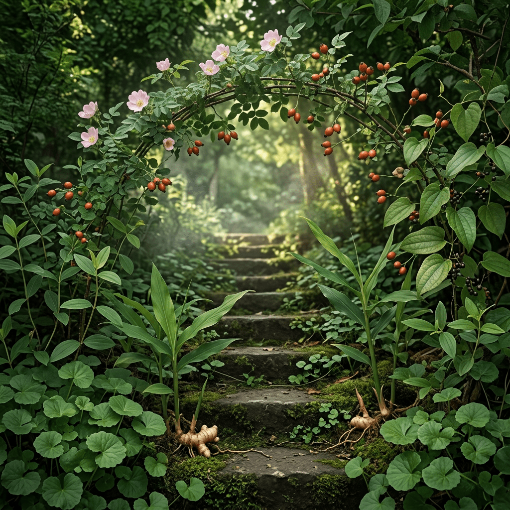 HB-W botanicals beside a weathered stone stairway