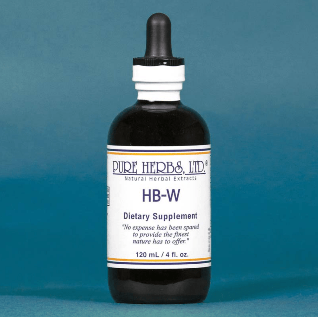 A dark amber glass dropper bottle of Pure Herbs Ltd. HB-W Dietary Supplement, featuring a white label with blue text and orange accents, set against a solid teal-blue background.
