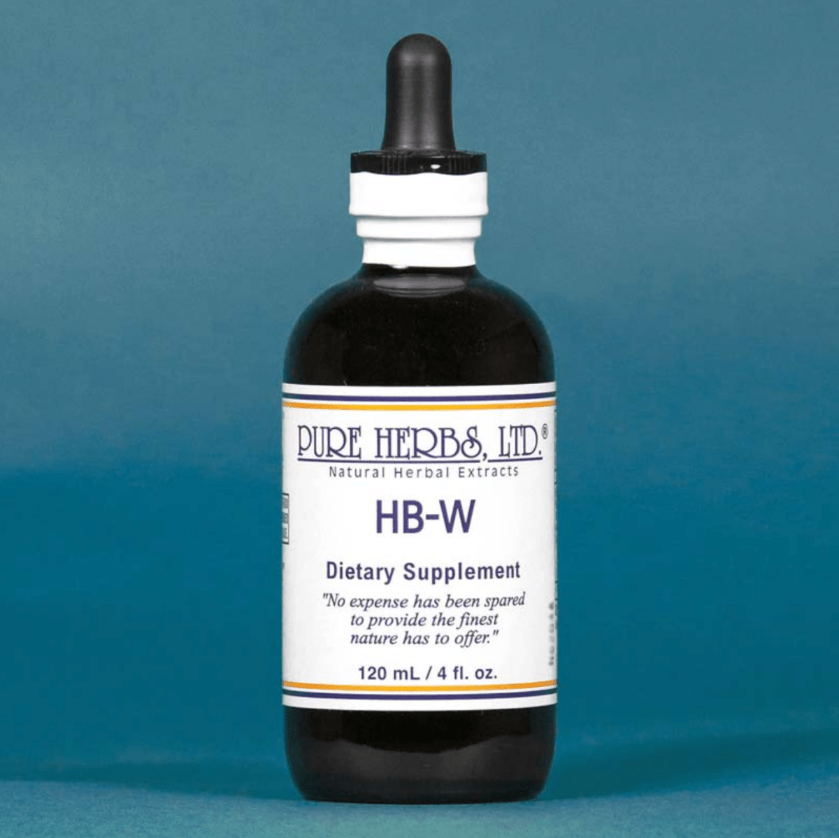 A dark amber glass dropper bottle of Pure Herbs Ltd. HB-W Dietary Supplement, featuring a white label with blue text and orange accents, set against a solid teal-blue background.
