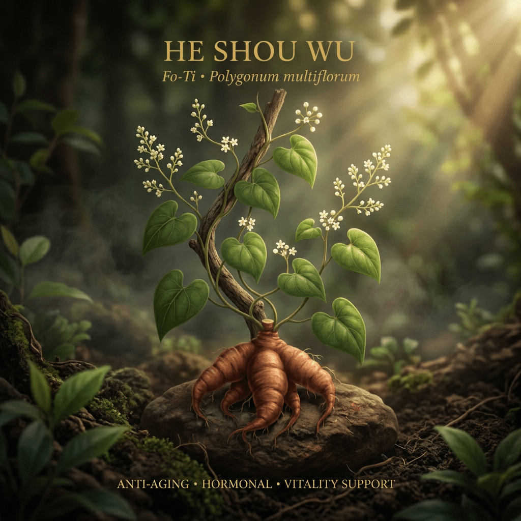 He Shou Wu editorial image in golden woodland light