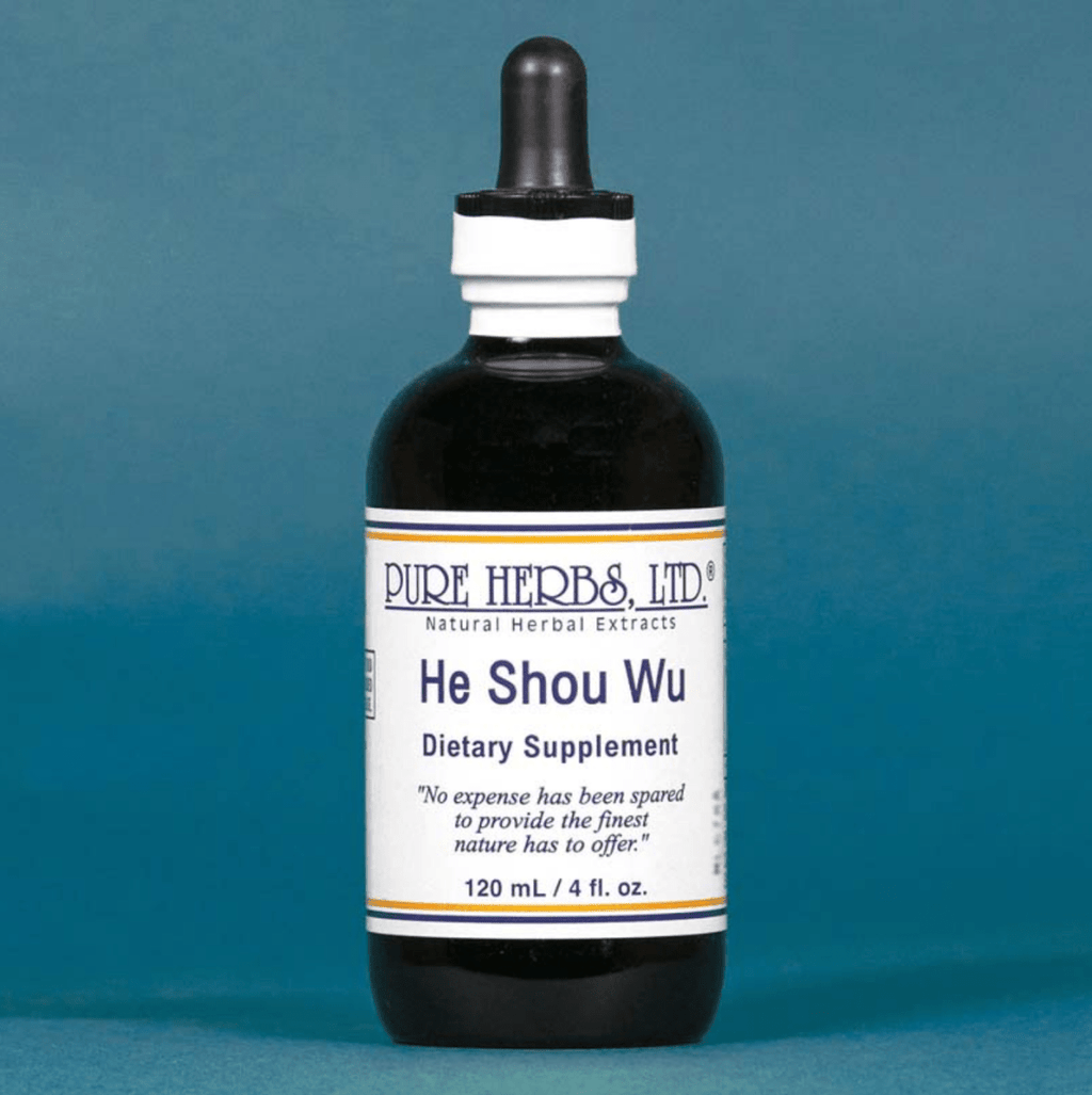 A 120 mL bottle of Pure Herbs, Ltd. He Shou Wu dietary supplement, featuring a dark amber glass bottle, white label, and black dropper cap against a blue background.