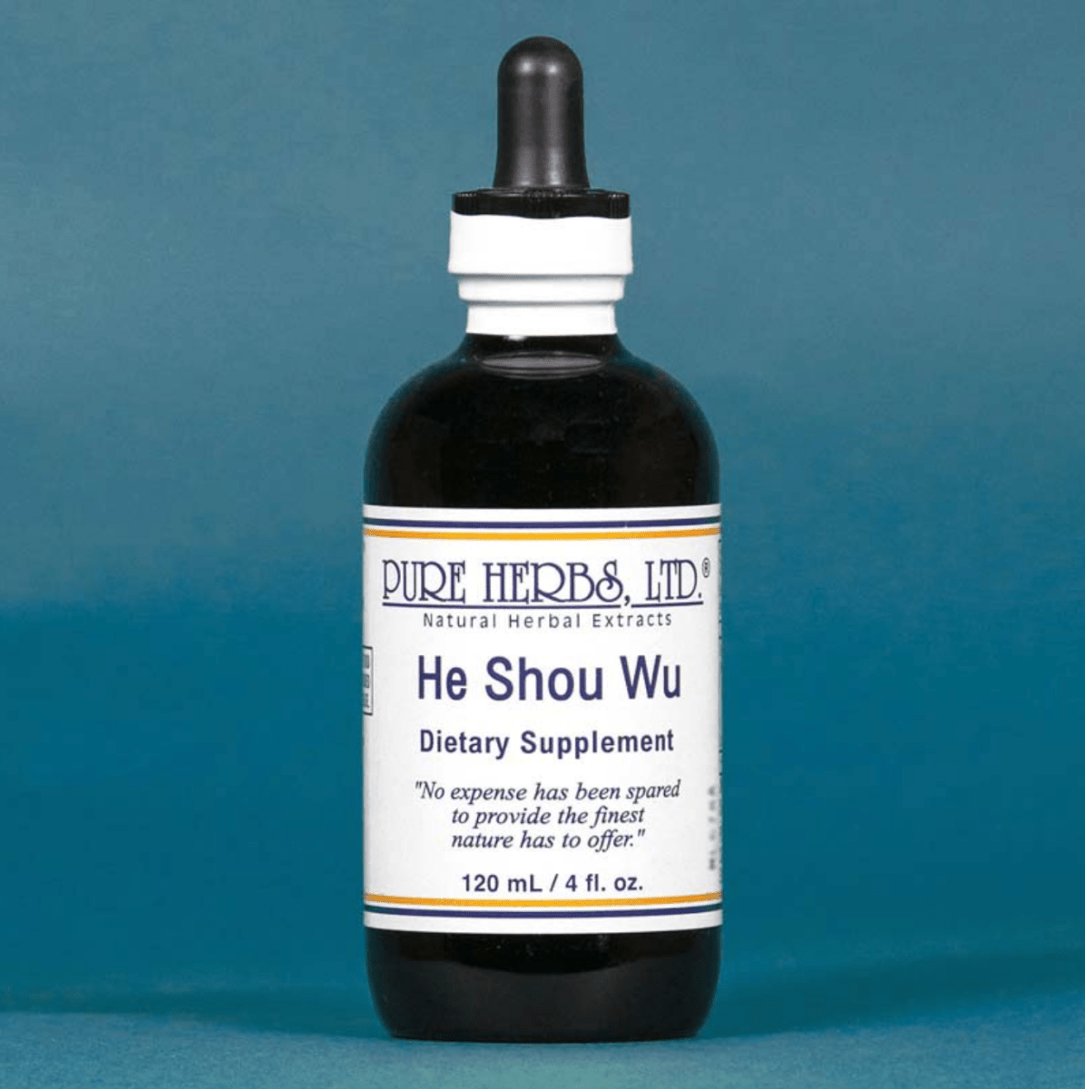 A 120 mL bottle of Pure Herbs, Ltd. He Shou Wu dietary supplement, featuring a dark amber glass bottle, white label, and black dropper cap against a blue background.