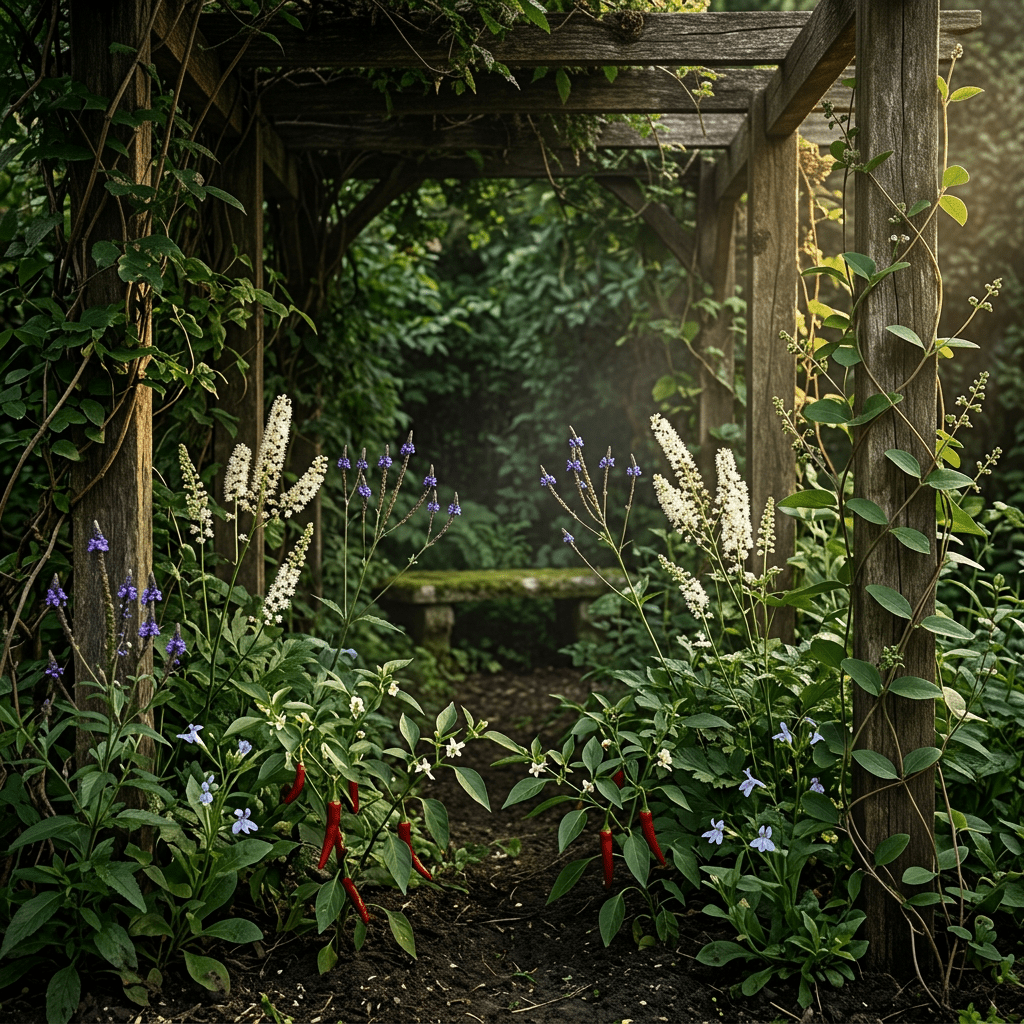 Herbal Adjustment botanicals in a vine-framed garden alcove