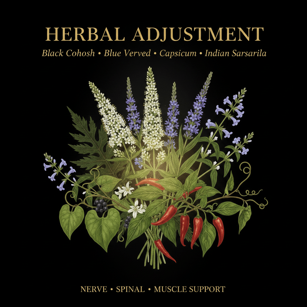 Herbal Adjustment – Nerve, Spinal & Muscle Support | Black Cohosh, Blue Vervain, Capsicum, Indian Sarsaparilla & Indian Tobacco, Tincture, Futures ETC