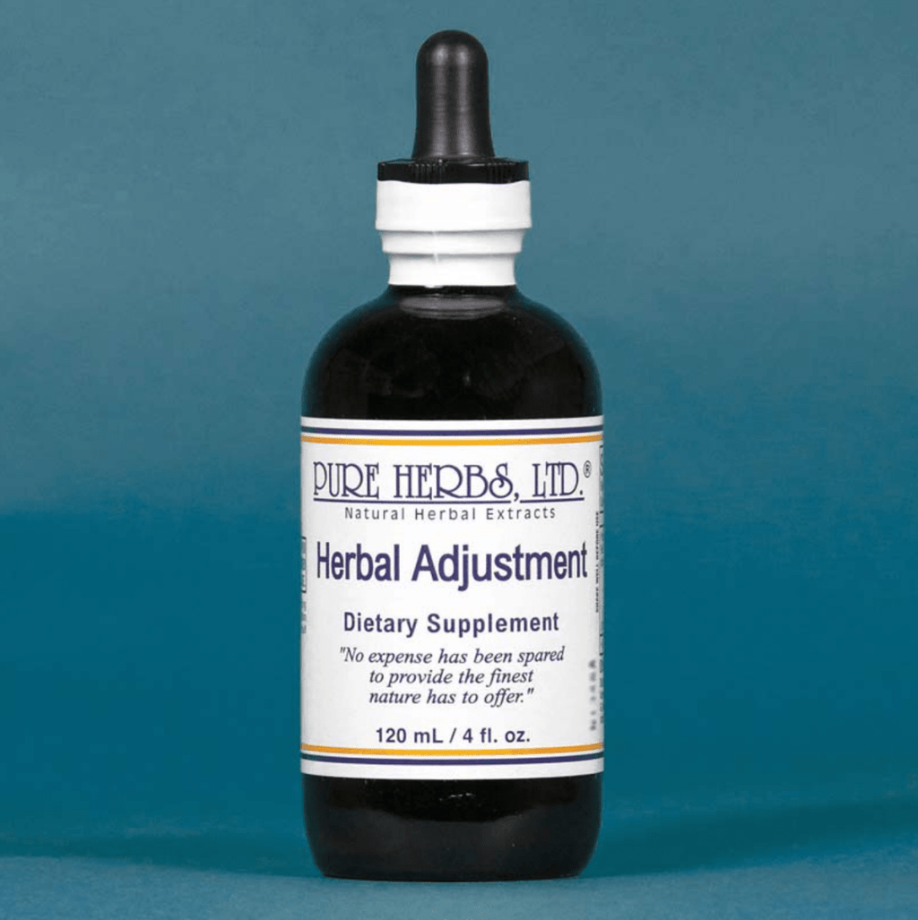 A 120 mL bottle of Pure Herbs, Ltd. Herbal Adjustment dietary supplement with a black dropper cap and white label, set against a solid teal-blue background.