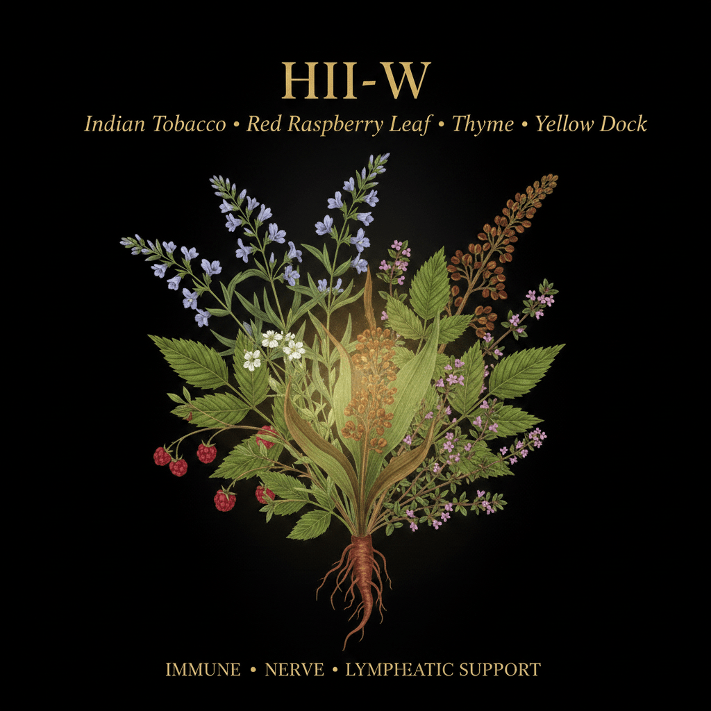 HII-W – Immune, Nerve & Respiratory Support | Indian Tobacco, Red Raspberry Leaf, Thyme & Yellow Dock, Tincture, Futures ETC