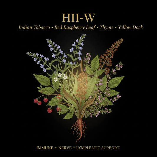 HII-W – Immune, Nerve & Respiratory Support | Indian Tobacco, Red Raspberry Leaf, Thyme & Yellow Dock, Tincture, Futures ETC