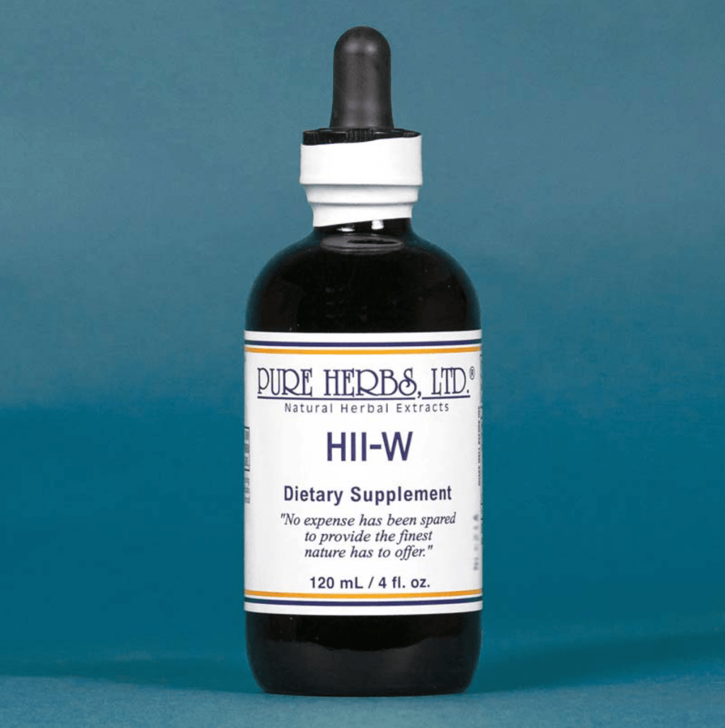 A 120 mL bottle of Pure Herbs Ltd. HII-W dietary supplement, featuring a dark amber glass bottle, white label, and black dropper cap, set against a solid teal-blue background.