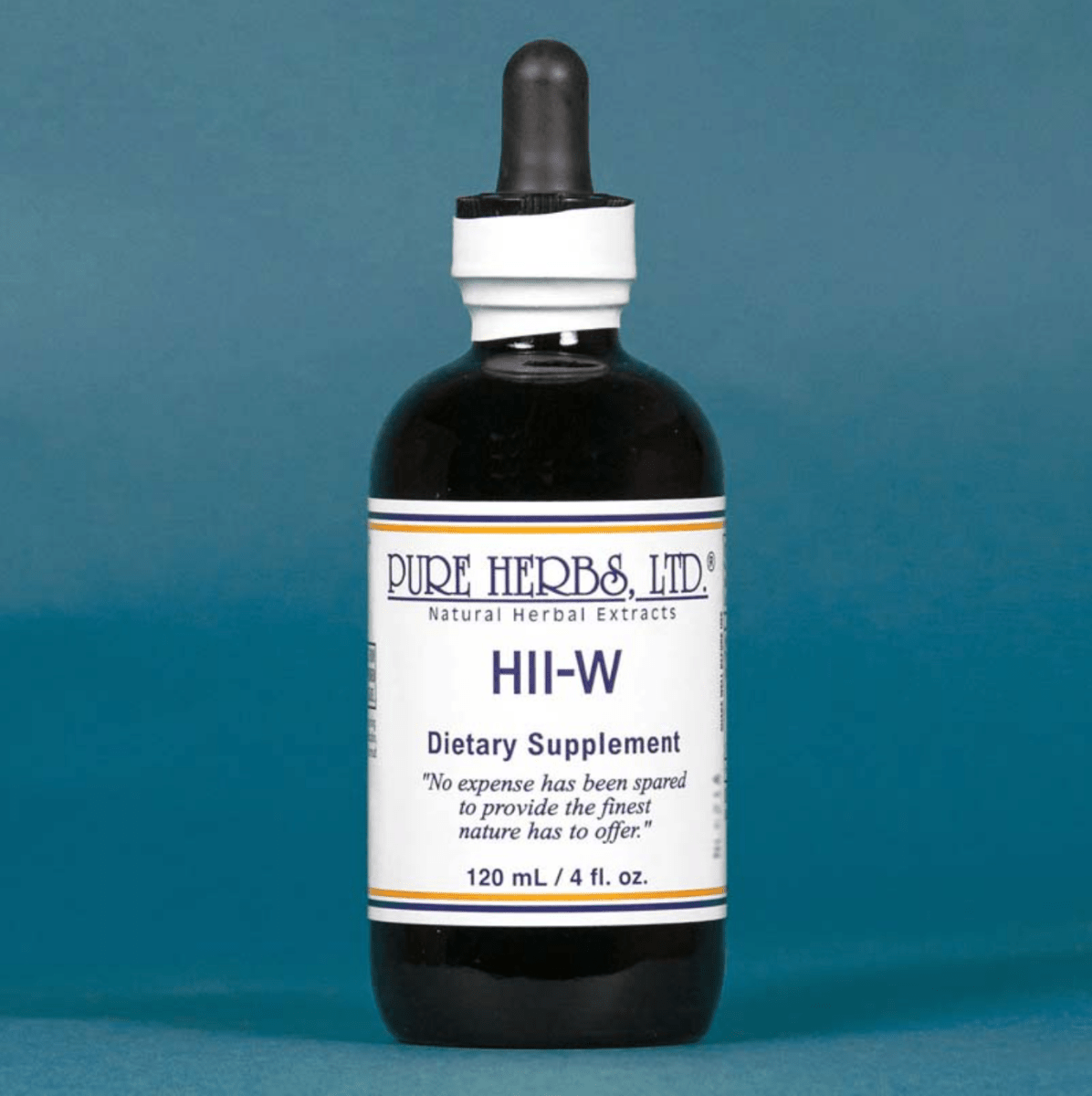 A 120 mL bottle of Pure Herbs Ltd. HII-W dietary supplement, featuring a dark amber glass bottle, white label, and black dropper cap, set against a solid teal-blue background.