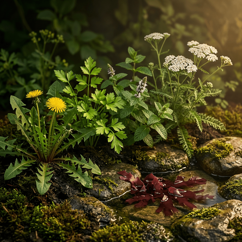 HIK-W herbs and dulse in a moody garden-and-water scene