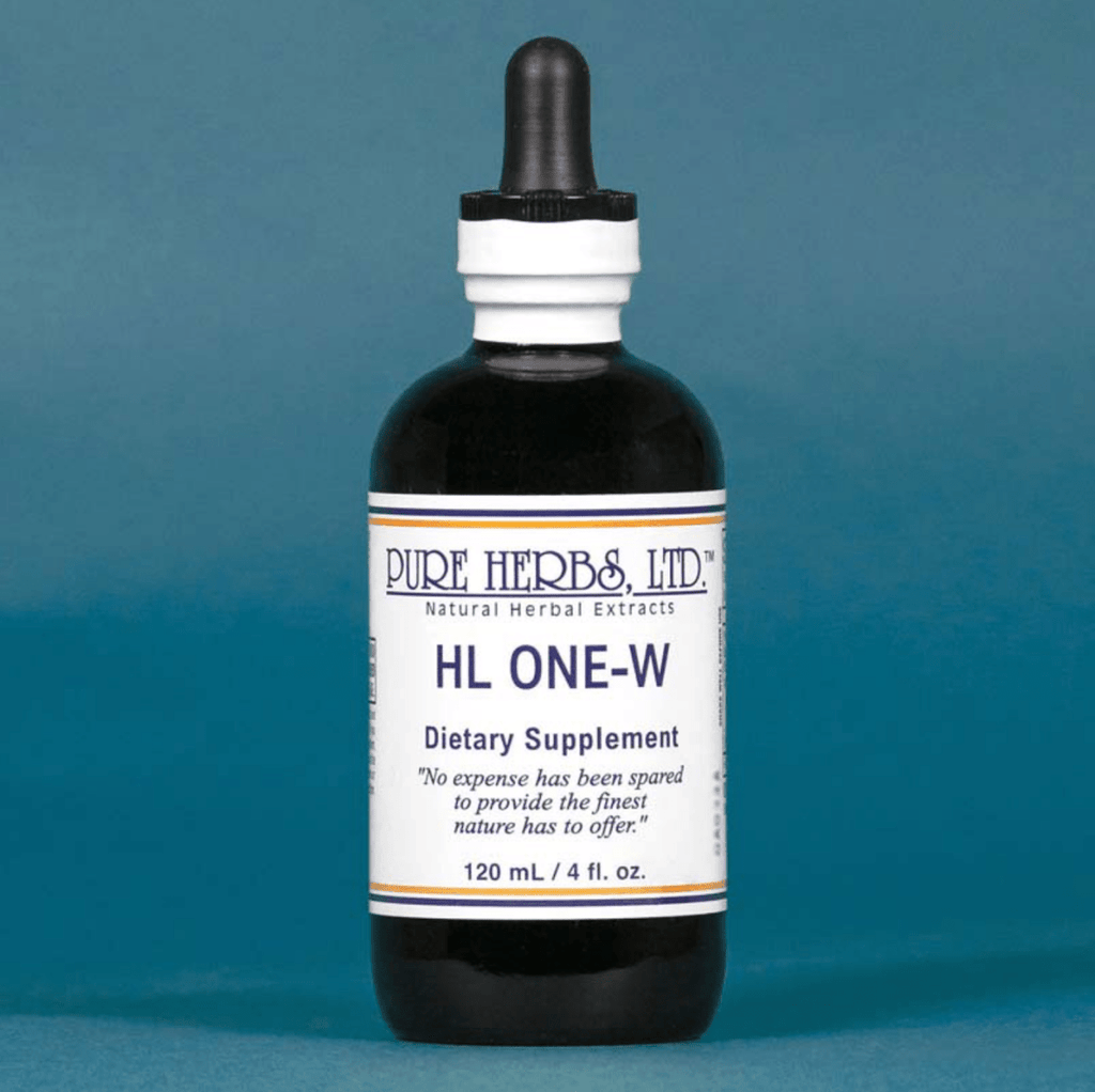 A dark amber glass dropper bottle of Pure Herbs Ltd. HL One-W dietary supplement, featuring a white label with blue text, set against a solid blue background.