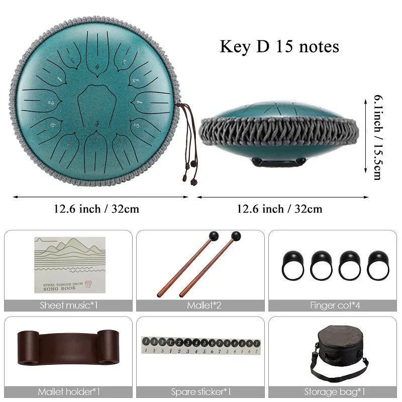 Hluru Glucophone 13 - Inch 15 - Note Steel Tongue Drum – Key D Ethereal Handpan for Yoga & Meditation, , Futures ETC