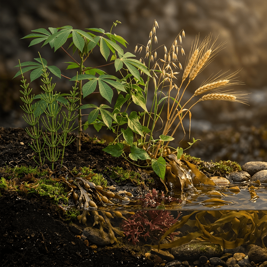 HME-H botanicals in a moody herb-and-water scene