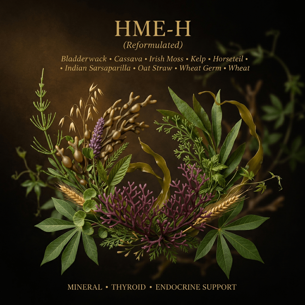 HME-H botanical editorial image with gold serif text