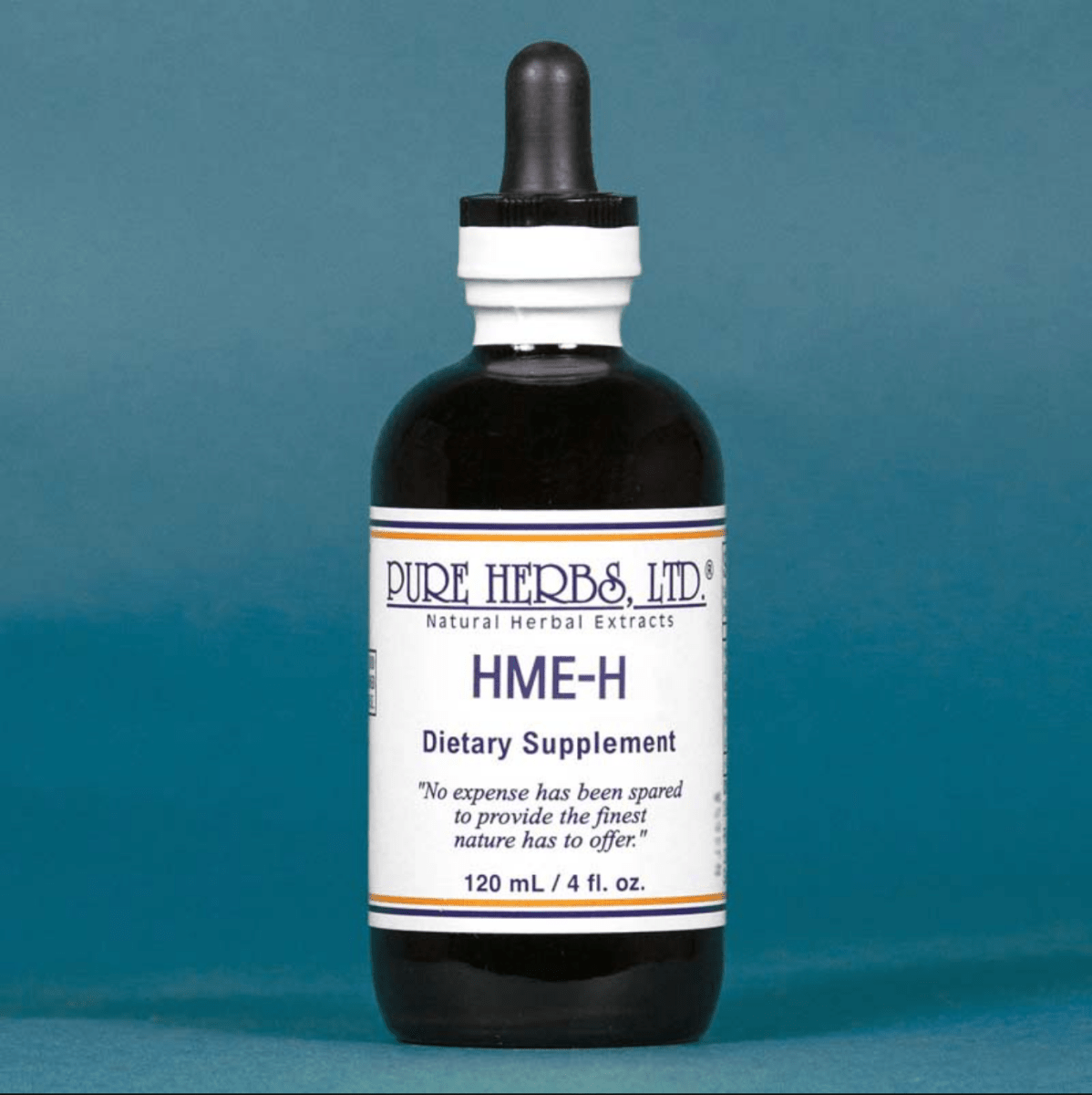 A 120 mL bottle of HME-H Dietary Supplement by Pure Herbs Ltd, featuring a dark amber glass bottle, white label, and black dropper cap, set against a solid teal-blue background.