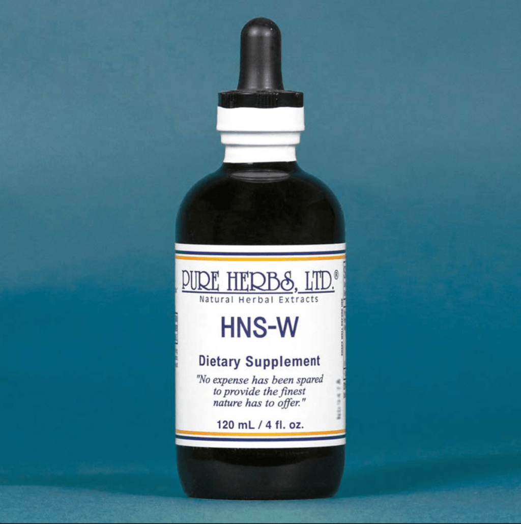 A dark amber glass dropper bottle of Pure Herbs, Ltd. HNS-W dietary supplement, featuring a white label with blue and orange text, set against a solid blue background.