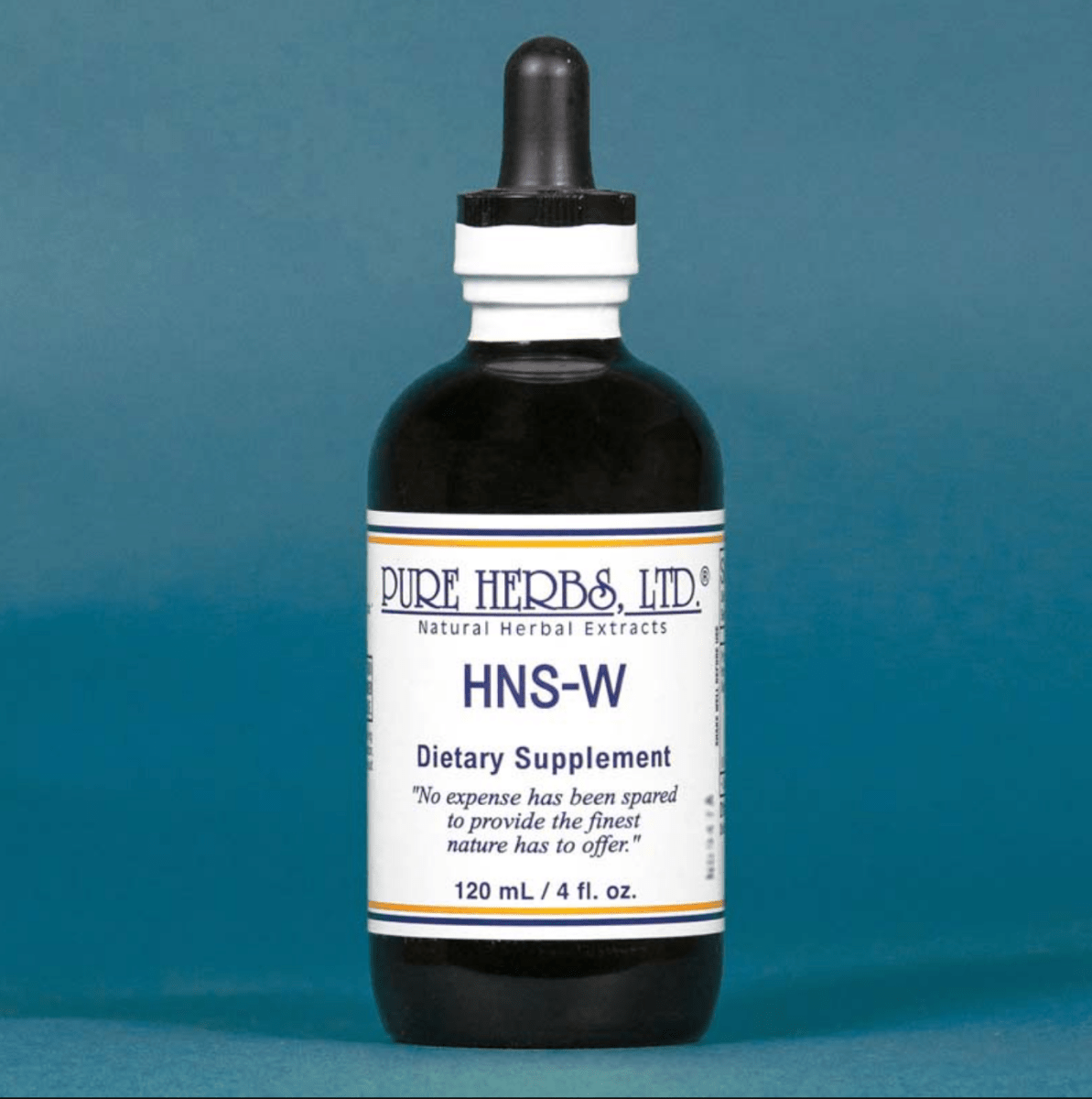 A dark amber glass dropper bottle of Pure Herbs, Ltd. HNS-W dietary supplement, featuring a white label with blue and orange text, set against a solid blue background.