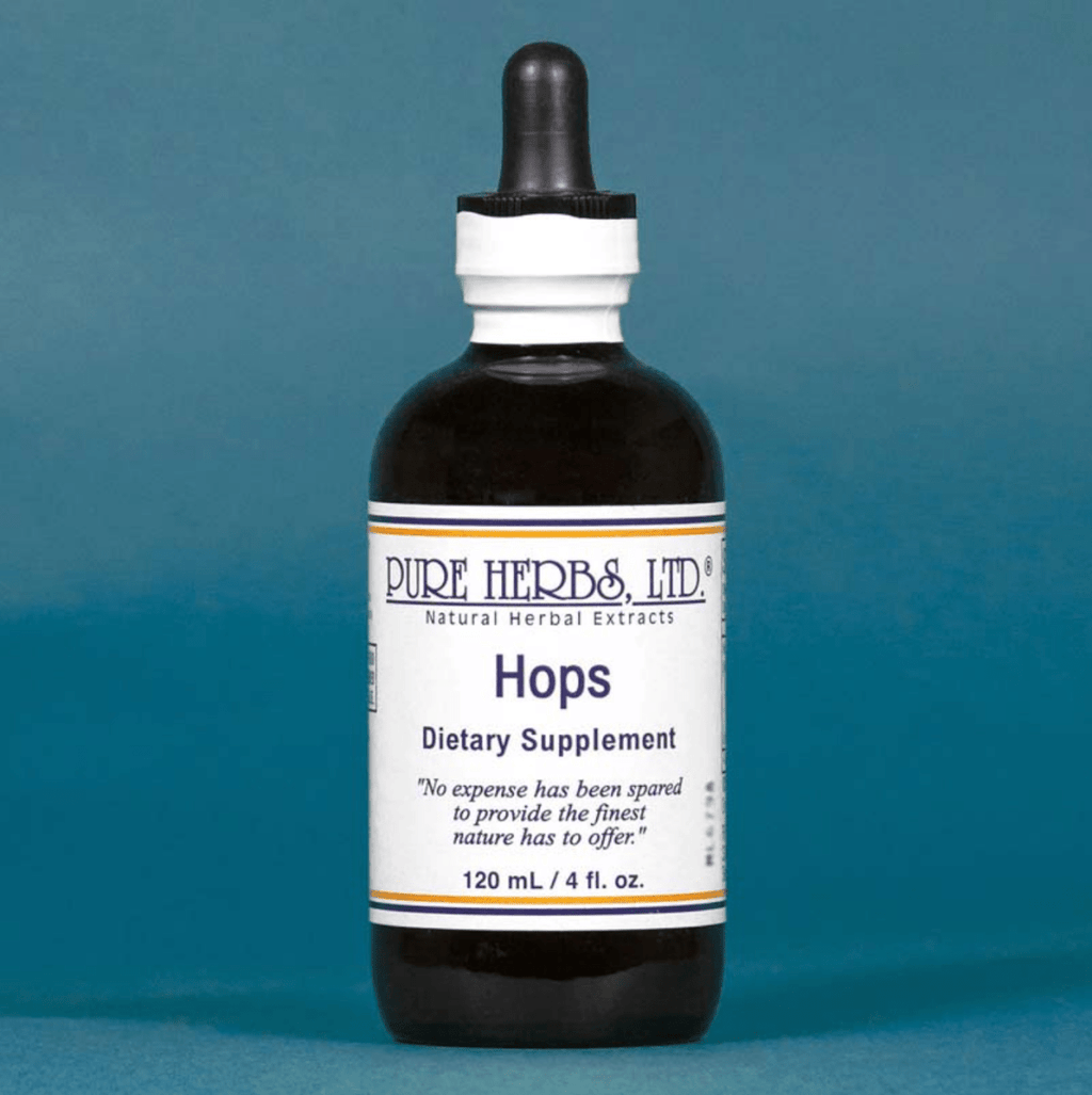 A 120 mL amber glass dropper bottle of Pure Herbs, Ltd. Hops Dietary Supplement, set against a solid slate blue background.