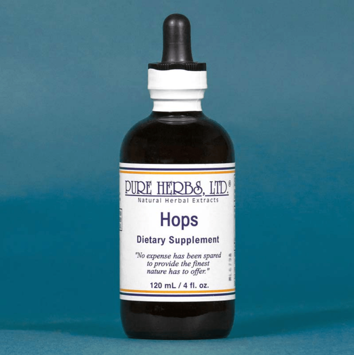 A 120 mL amber glass dropper bottle of Pure Herbs, Ltd. Hops Dietary Supplement, set against a solid slate blue background.