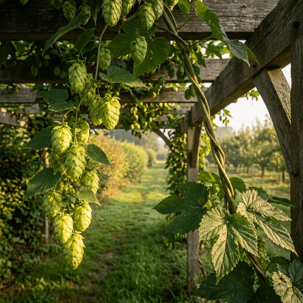 Hops climbing a timber pergola beside an orchard lane