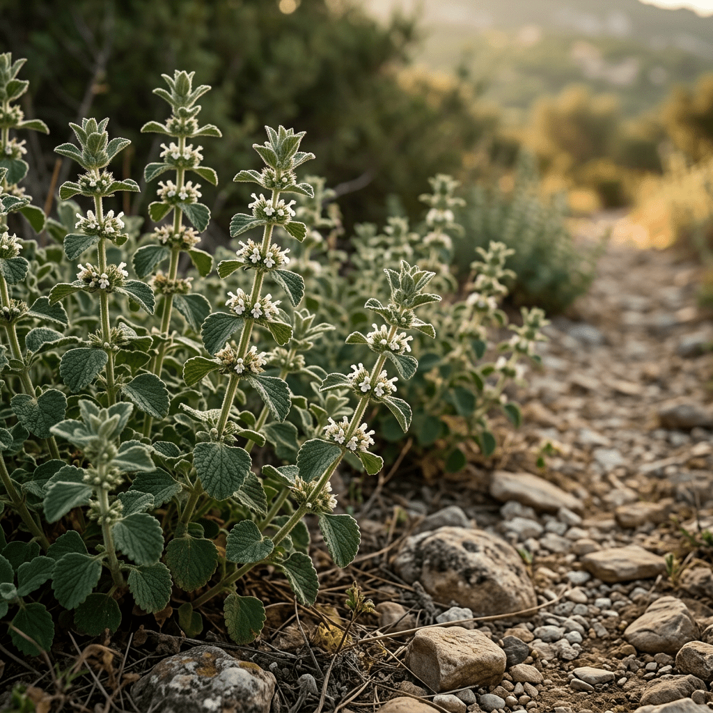 Horehound growing beside a rocky Mediterranean path
