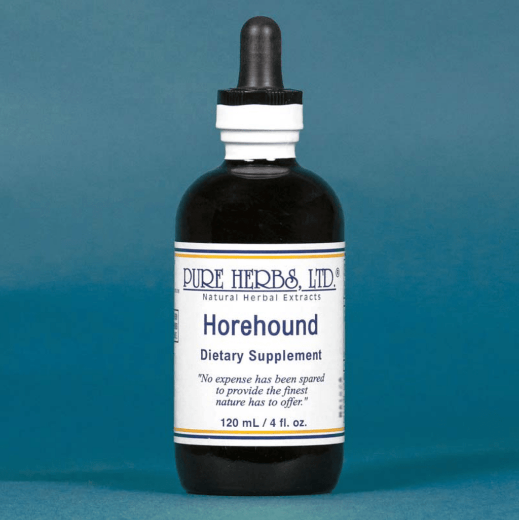 A bottle of Pure Herbs, Ltd. Horehound dietary supplement, featuring a dark amber glass bottle with a black dropper cap and a white label, set against a solid blue background.