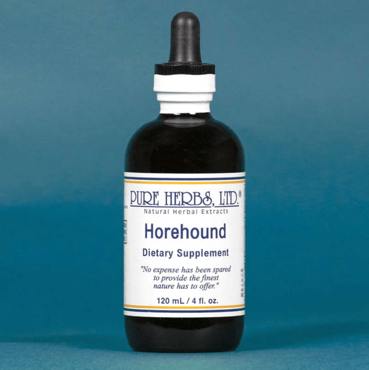 A bottle of Pure Herbs, Ltd. Horehound dietary supplement, featuring a dark amber glass bottle with a black dropper cap and a white label, set against a solid blue background.
