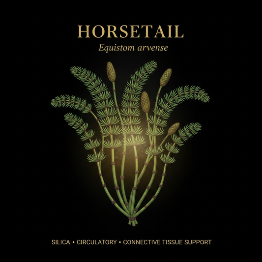Horsetail (Equisetum arvense) – Silica, Circulatory & Connective Tissue Support | Botanical tincture illustration on black background with gold typography
