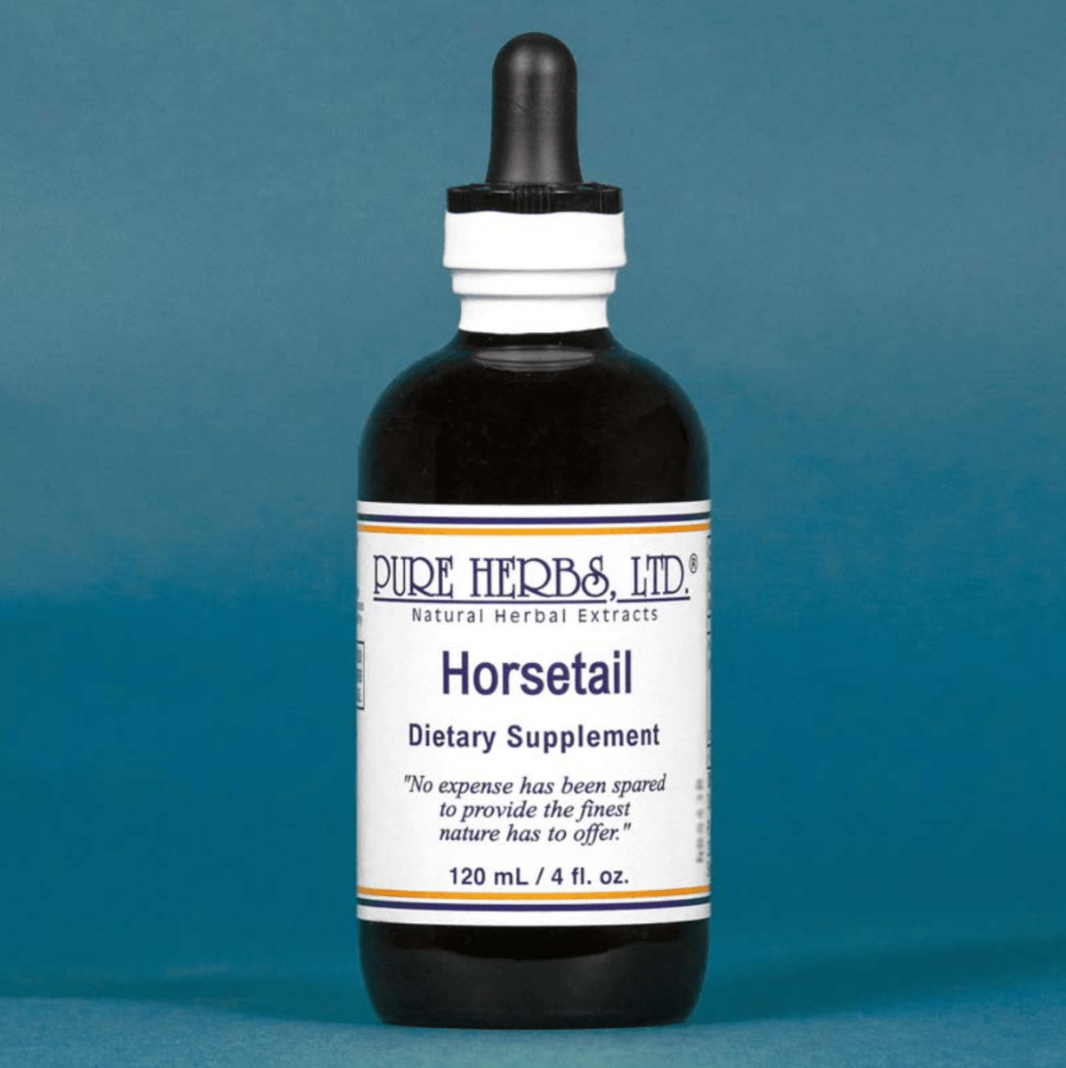 A 120 mL bottle of Pure Herbs, Ltd. Horsetail dietary supplement, featuring a dark amber glass bottle with a black dropper cap and a white label, set against a solid blue background.