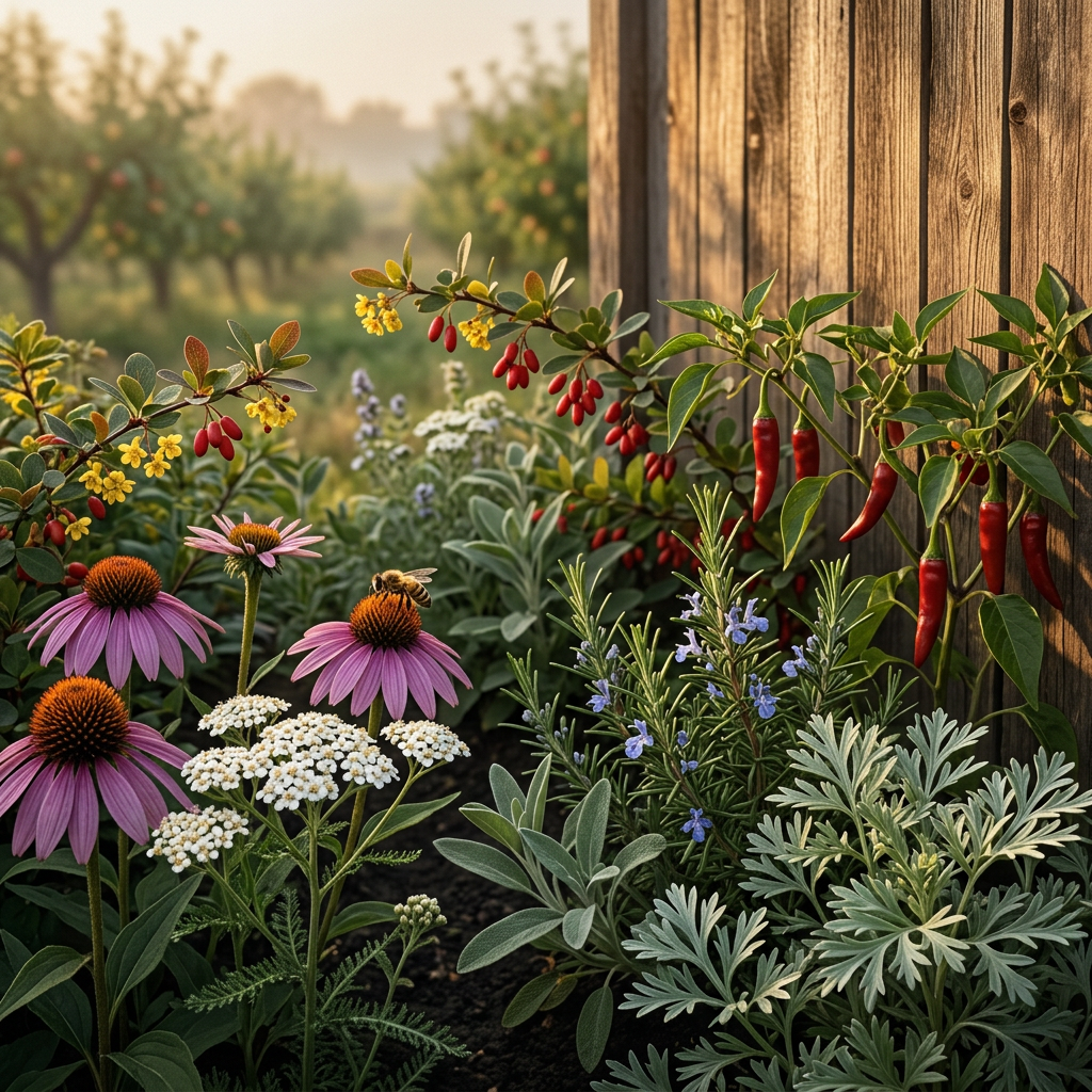 HR-F botanicals in a golden-lit flowering garden