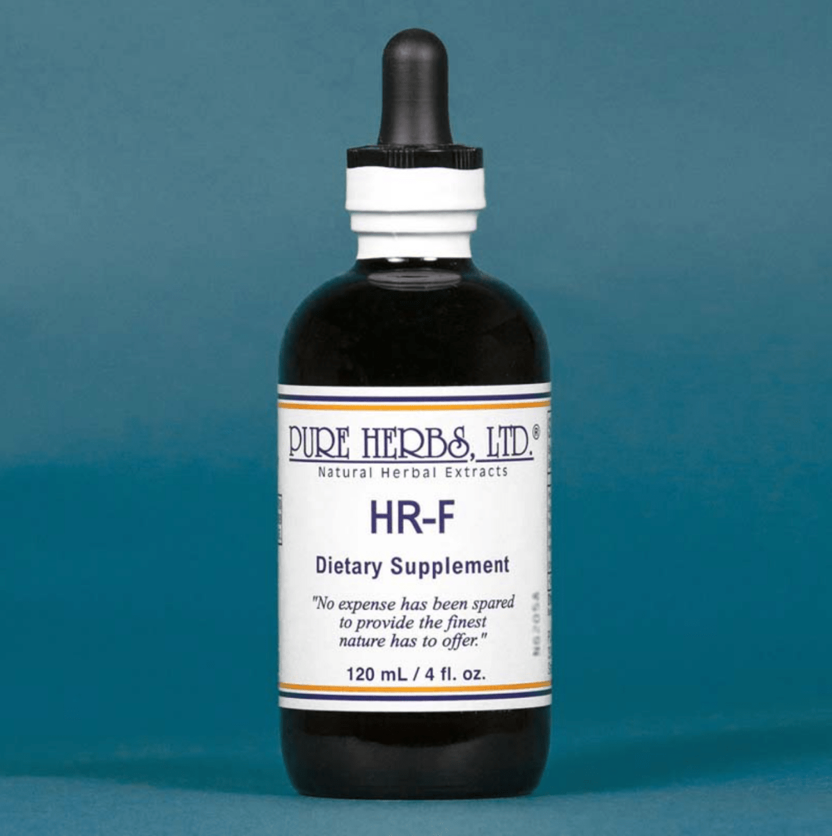 A 120 mL bottle of Pure Herbs Ltd. HR-F Dietary Supplement, featuring a dark amber glass bottle, white label, and black dropper cap, set against a solid teal-blue background.
