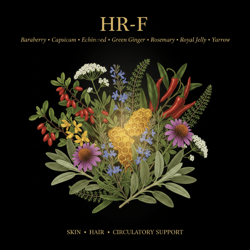HR-F – Skin, Hair & Circulatory Support | Barberry, Capsicum, Echinacea, Horsetail, Rosemary, Royal Jelly, Sage & Yarrow, Tincture, Futures ETC