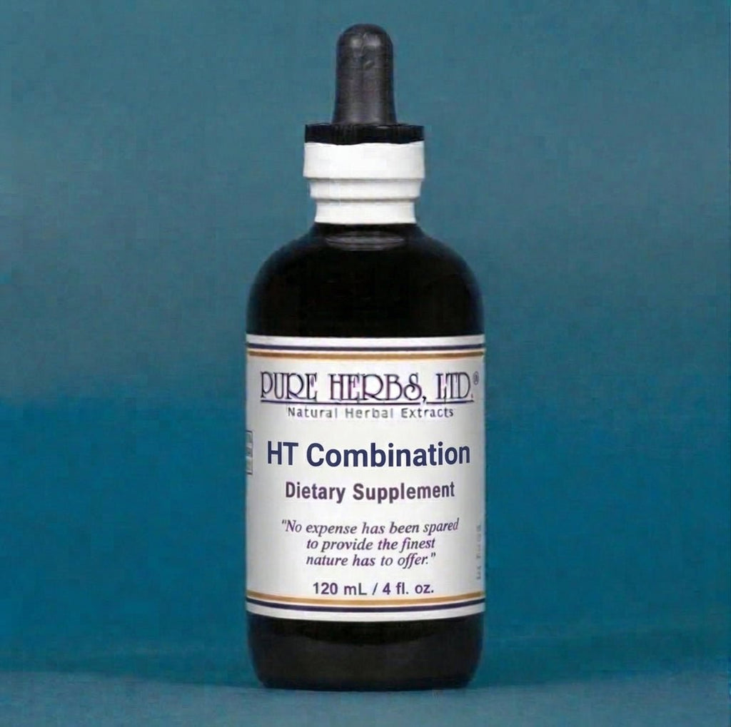 A 120 mL bottle of Pure Herbs Ltd. HT Combination Dietary Supplement, featuring a dark amber glass bottle, white label, and black dropper cap, set against a solid blue background.