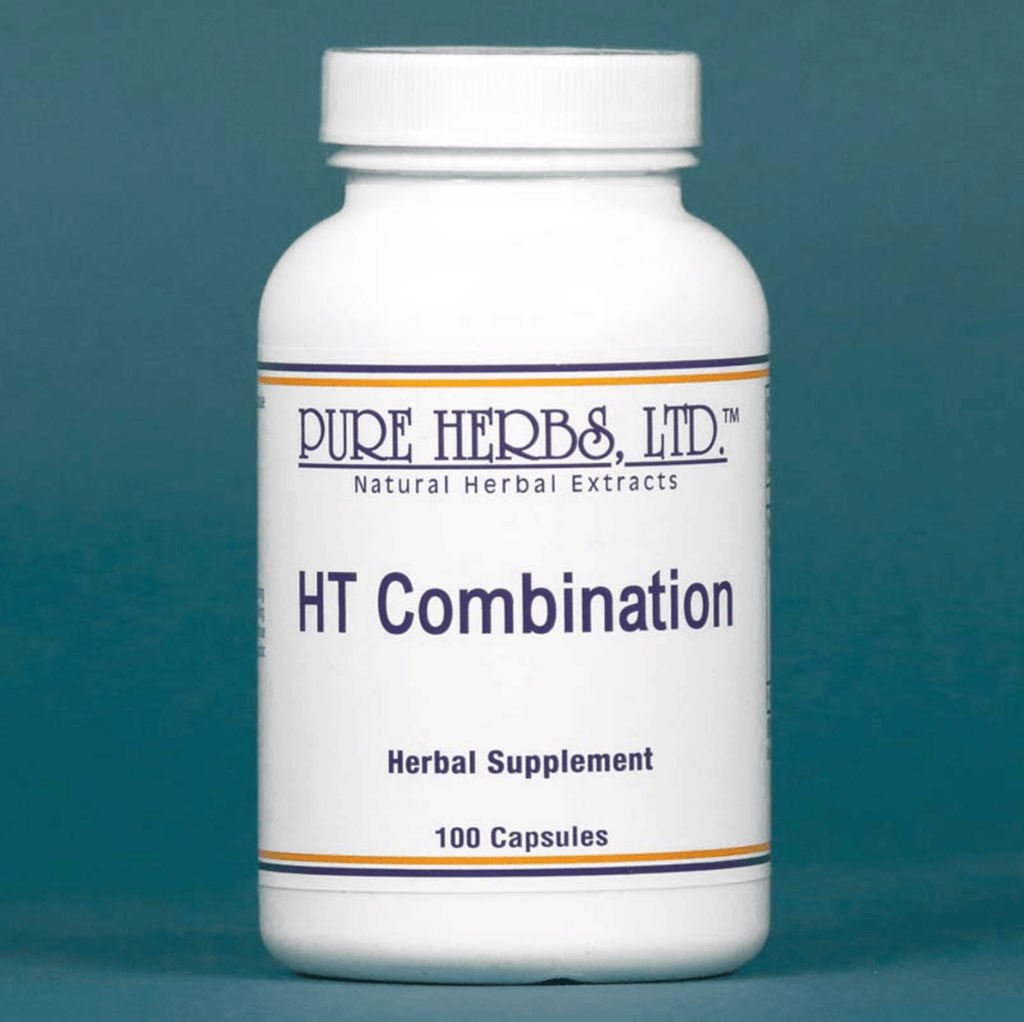 A white plastic bottle of Pure Herbs, Ltd. HT Combination Herbal Supplement with 100 capsules, set against a solid dark teal background.