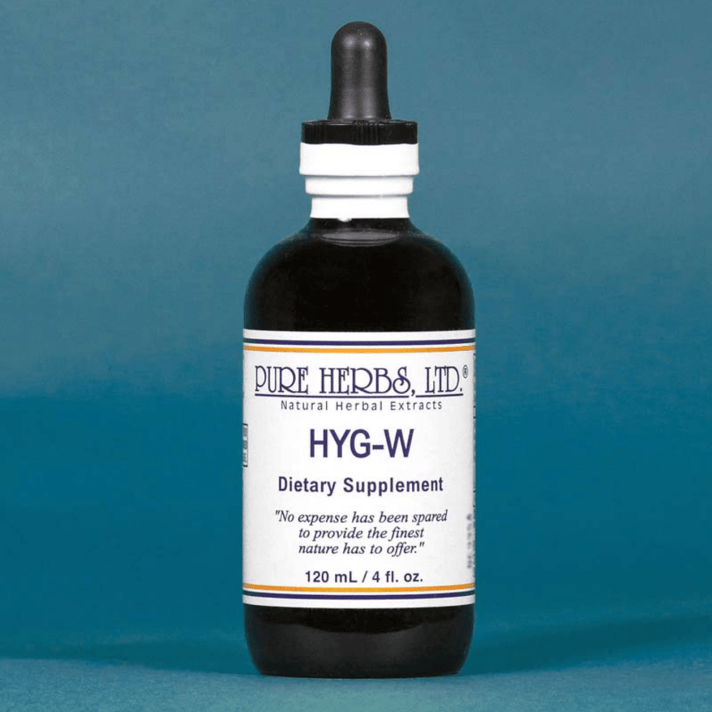 A dark amber glass dropper bottle of Pure Herbs Ltd. HYG-W dietary supplement, featuring a white label with blue text, set against a solid blue background.