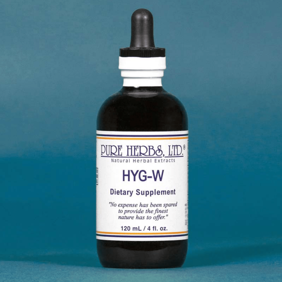 A dark amber glass dropper bottle of Pure Herbs Ltd. HYG-W dietary supplement, featuring a white label with blue text, set against a solid blue background.