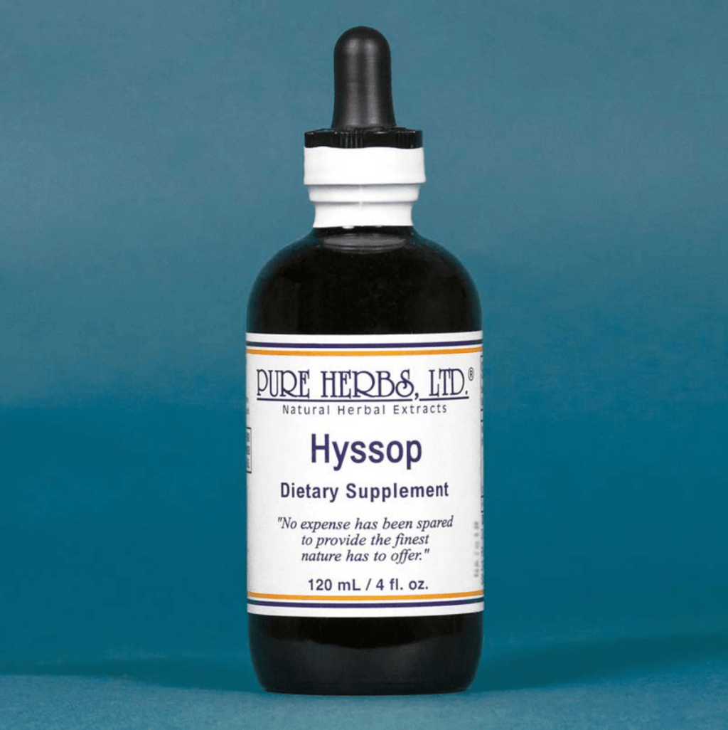 A bottle of Pure Herbs, Ltd. Hyssop Dietary Supplement, featuring a dark amber glass bottle with a black dropper cap and a white label, set against a solid blue background.