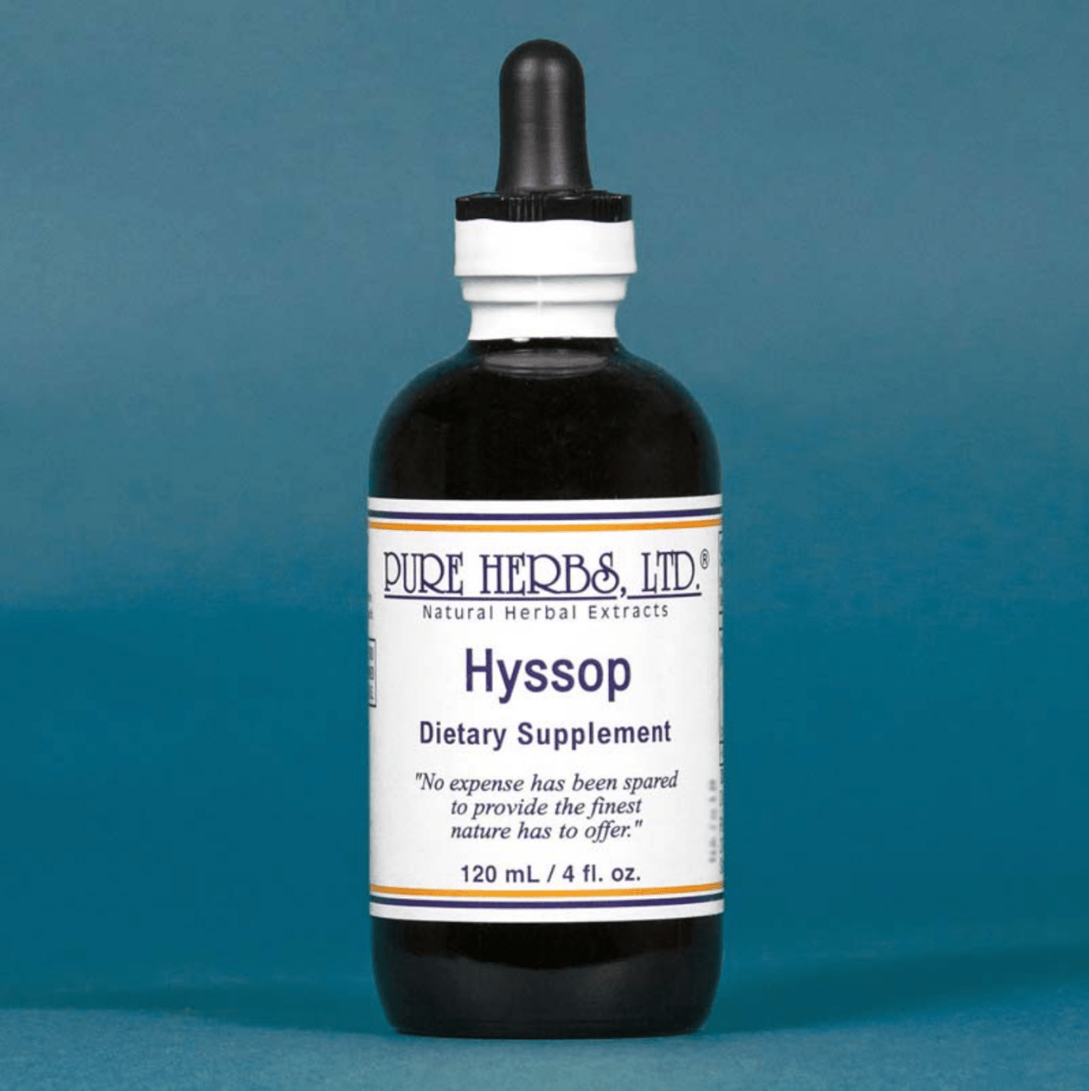 A bottle of Pure Herbs, Ltd. Hyssop Dietary Supplement, featuring a dark amber glass bottle with a black dropper cap and a white label, set against a solid blue background.